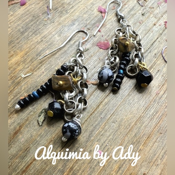 Obsidian Tiger eye onyx chain fringe statement earrings - Picture 2 of 2